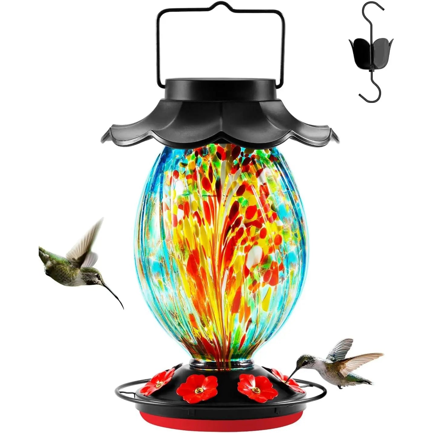 Solar Hummingbird Feeder - 49 Fl.Oz Hand Blown Glass Color Changing - 7 Feeding Ports with Perch - Never Leak - Hummingbird Feeder for Outdoors Hanging (Blue)
