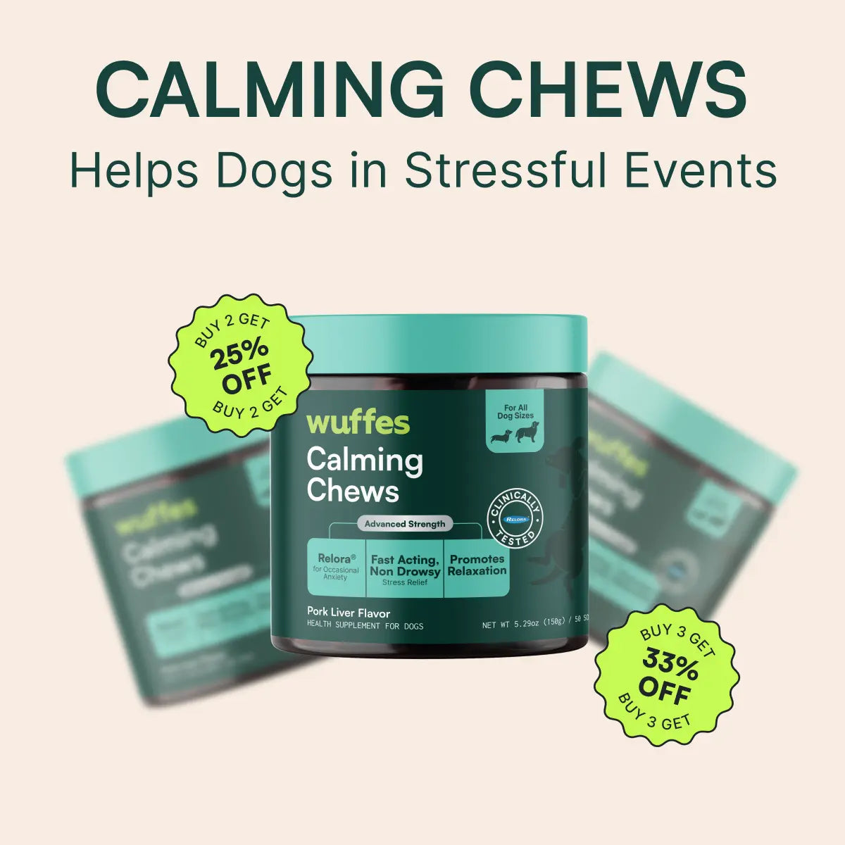 Wuffes Calming Chews for Dogs - Stress Relief Supplement - Non-Drowsy Formula for All Breeds - Made in the USA - 60 Soft Chews