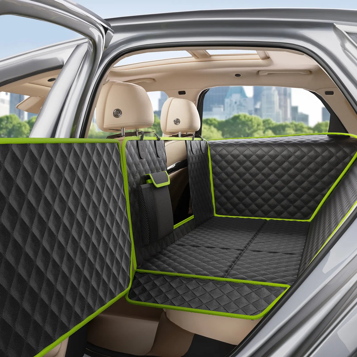 Pecute Waterproof Pet Car Seat Cover with Mesh Window and Storage Pocket, Non-Slip Hammock Design for Cars and Trucks, Easy to Install and Washable